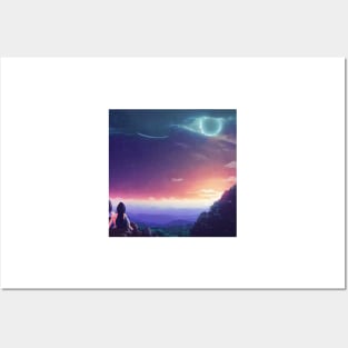 City Lights and Starry Sky on a Mountain Top Posters and Art